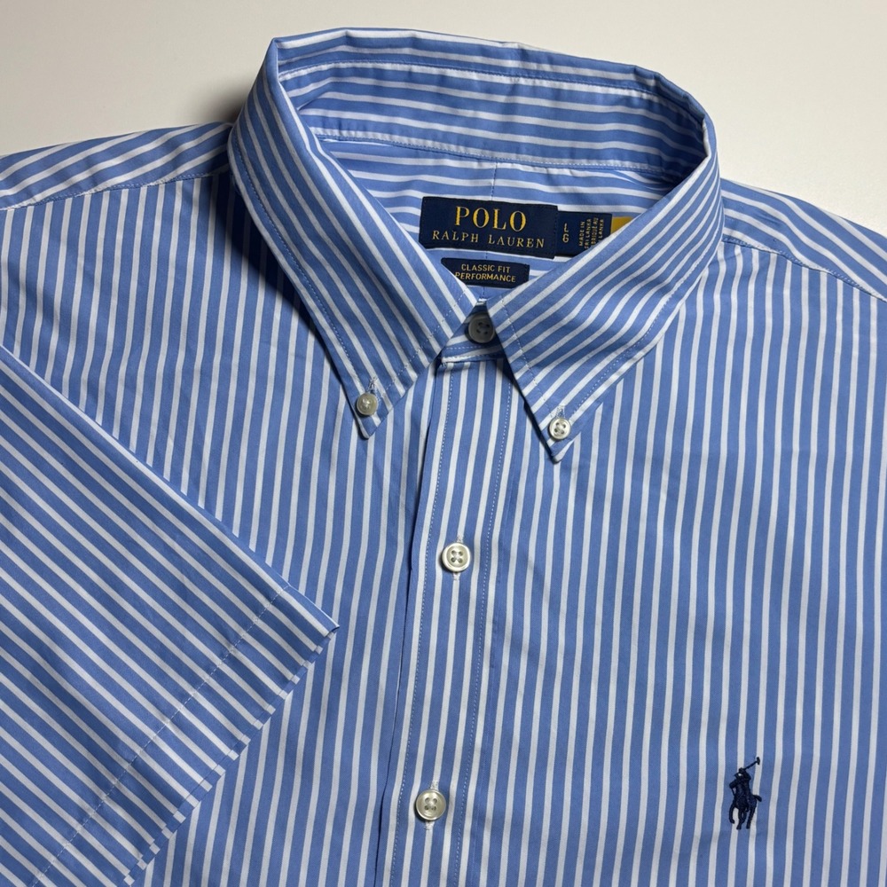 Polo Ralph Lauren Blue Striped Performance Mens Large Coolmax Short Sleeve Shirt